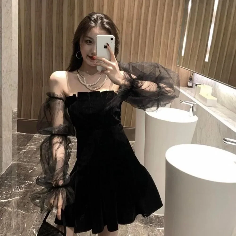 Black Dress with Sheer Off the Shoulder Sleeves - Picture 3 of 5